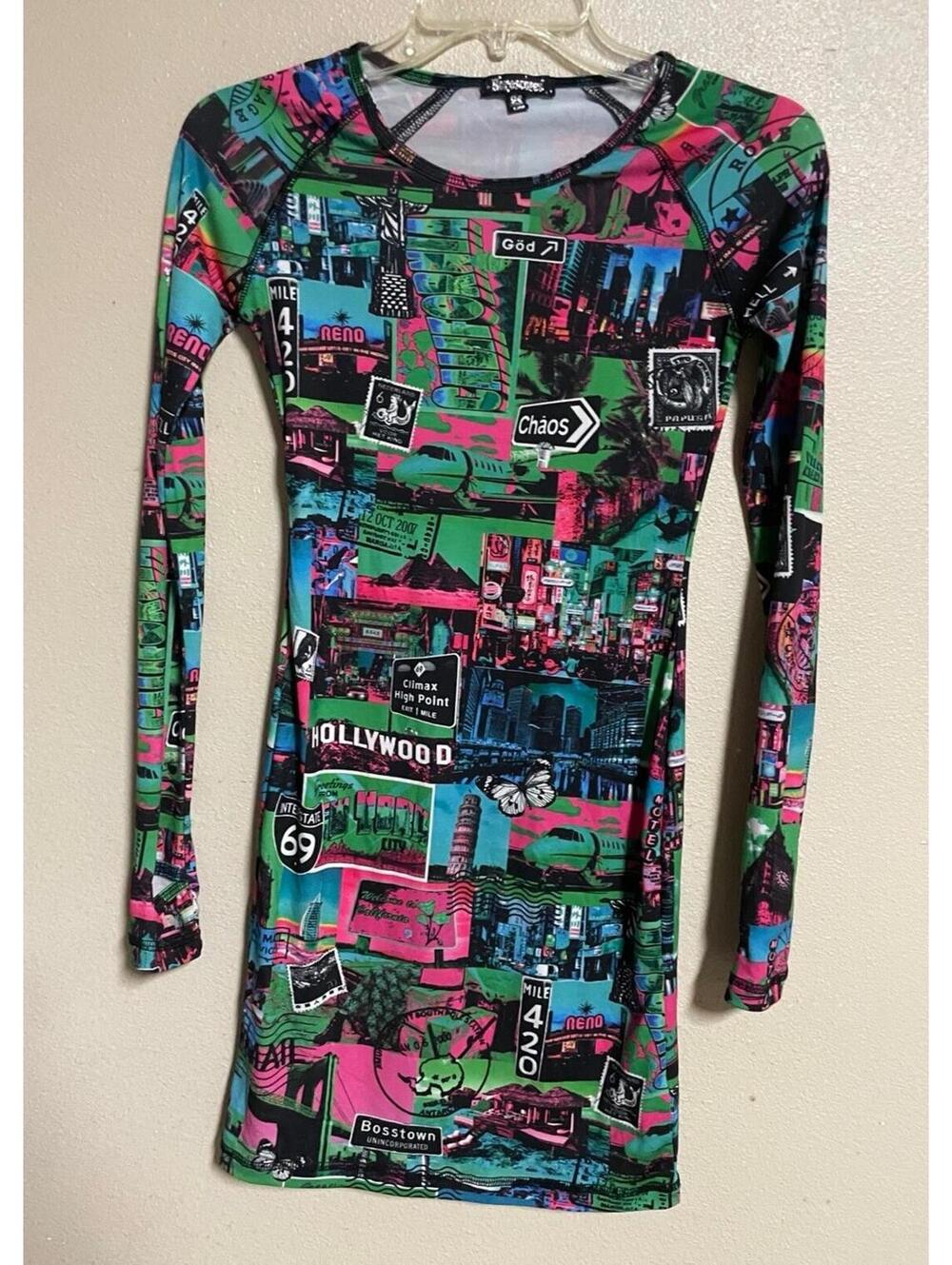 Vintage Horoscope Dress XS Spandex Multicolored Graphic Print 3/4 Sleeve